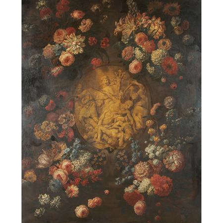 Lot image - Attributed to Mario Nuzzi, called Mario dei Fiori 17th Century Still Life of Flowers Surrounding a Carved Relief of the Triumph of S...