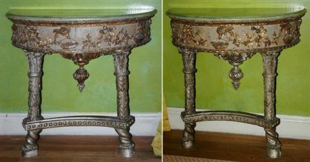 Lot image - Pair of Continental Neoclassical Painted, Parcel Gilt and Silvered Consoles