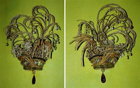 Lot image - Pair of Continental Gilt-Metal and Cut and Colored Glass Sconces