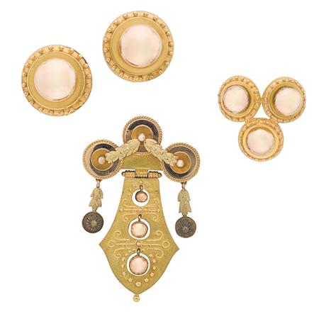 Lot image - Antique Tricolor Gold Pendant-Brooch, Pair of Two-Color Gold Earclips and Ring