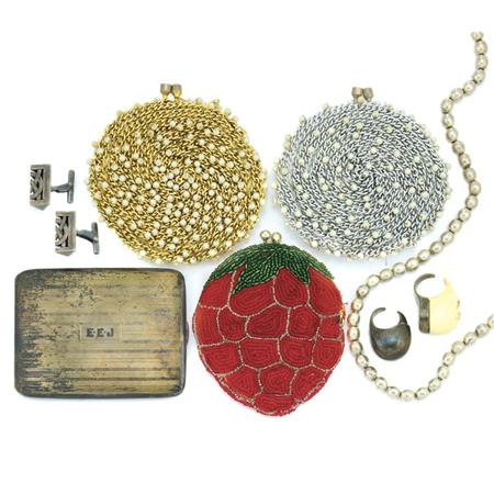 Lot image - Mexican Sterling Silver Bead Necklace and Group of Bead Purses