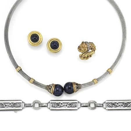Lot image - Sterling Silver, Gold and Sodalite Necklace and Earclips, Lalaounis, Gold Ring, Zolotas, and Silver Necklace