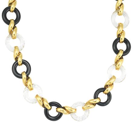 Lot image - Gold, Black Onyx and Faceted Rock Crystal Link Necklace