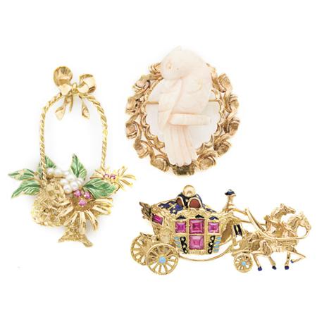 Lot image - Three Gold and Stone Brooches