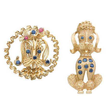 Lot image - Two Gold, Sapphire, Ruby and Diamond Dog Brooches