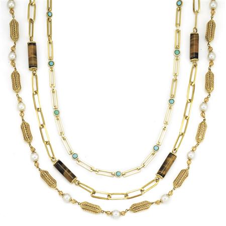 Lot image - Three Gold, Hardstone and Cultured Pearl Chain Necklaces