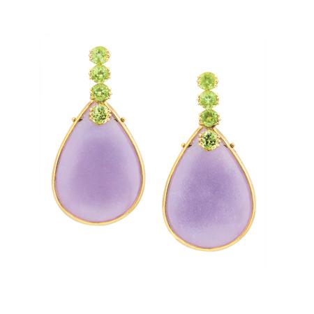 Lot image - Pair of Gold, Lavender Jade and Peridot Pendant-Earrings