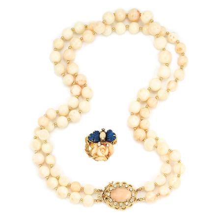Lot image - Double Strand Angel Skin Coral Bead Necklace and Carved Coral, Lapis and Diamond Ring