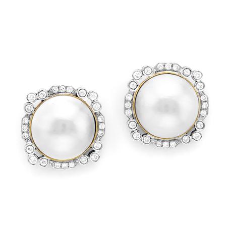 Lot image - Pair of Gold, Mabé Pearl and Diamond Earrings