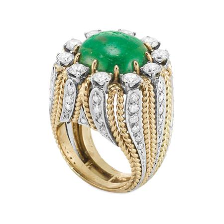 Lot image - Gold, Cabochon Emerald and Diamond Ring