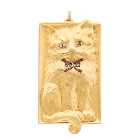 Lot image - Art Nouveau Gold, Diamond and Ruby Cat Pill Box Pendant