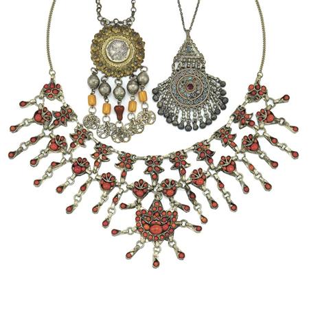 Lot image - Six Silver, Metal and Hardstone Necklaces