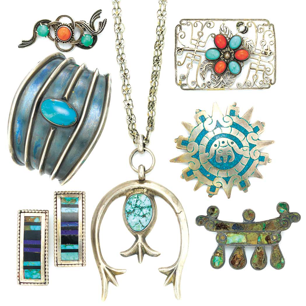 Lot image - Group of Sterling Silver, Metal and Turquoise Jewelry