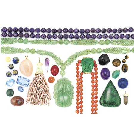 Lot image - Three Amethyst, Coral and Aventurine Quartz Bead Necklaces and Group of Loose Hardstones, Chinese Beads and Simulated Stones