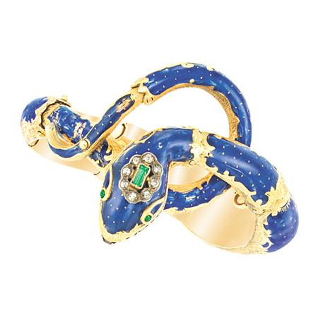 Lot image - Antique Gold, Enamel, Diamond and Gem-Set Snake Bangle Bracelet