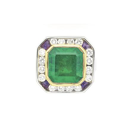 Lot image - Platinum, Gold, Emerald, Amethyst and Diamond Ring
