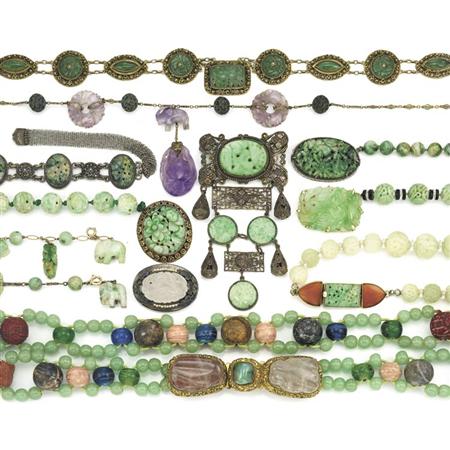 Lot image - Group of Assorted Carved Jade and Jade Jewelry