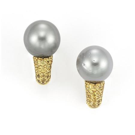 Lot image - Pair of Gold, Gray Cultured Pearl and Yellow Sapphire Earrings
