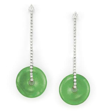 Lot image - Pair of White Gold, Diamond and Jade Pendant-Earrings