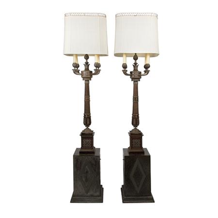 Lot image - Pair of Russian Neoclassical Metal Mounted Rosewood Style Candelabra Floor Lamps