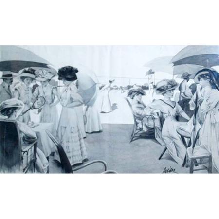 Lot image - Etienne Drian French, 1885-1961 Fashionable Ladies at a Country Club Tennis Match (Illustration)