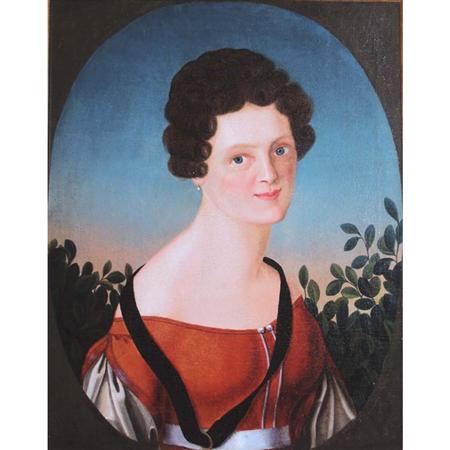 Lot image - Continental School 20th Century Lady Wearing a Red Dress and a Black Ribbon