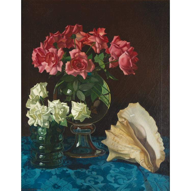 Lot image - John C. E. Taylor American, 1902-1985 Still Life with Roses and a Conch Shell, 1947