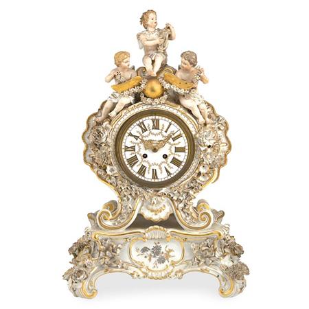 Lot image - Meissen Gilt Decorated Porcelain Mantel Clock and Stand