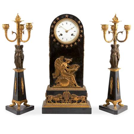 Lot image - Empire Style Gilt-Bronze Mounted Marble Mantel Clock; T/w an Associated Pair of Empire Style Gilt-Bronze and Marble 3-Light Candelabra