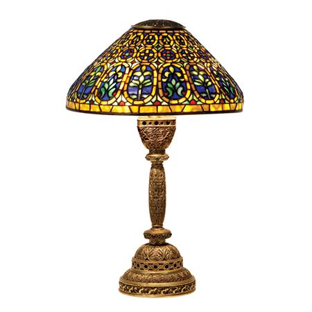 Lot image - Tiffany Studios Gilt-Bronze and Favrile Leaded Glass Desk Lamp
