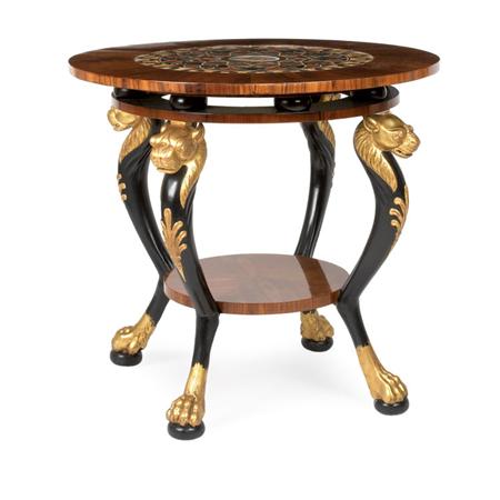 Lot image - Neoclassical Style Parcel Gilt and Painted Pietra Dura and Micromosaic Rosewood Center Table