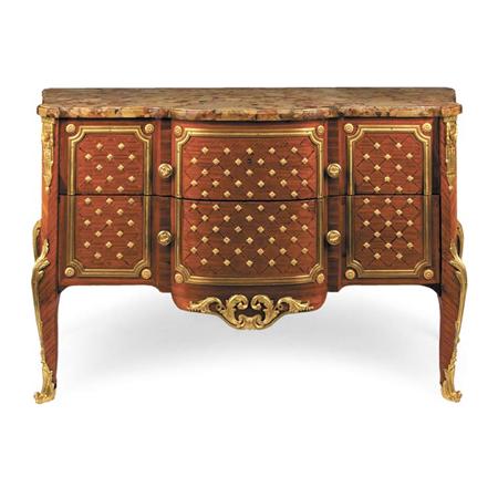 Lot image - Transitional Louis XV/XVI Style Gilt-Metal Mounted Parquetry Inlaid Kingwood and Mahogany Commode
