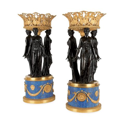 Lot image - Pair of Empire Style Gilt and Patinated-Bronze and Lapis Quartz Figural Baskets