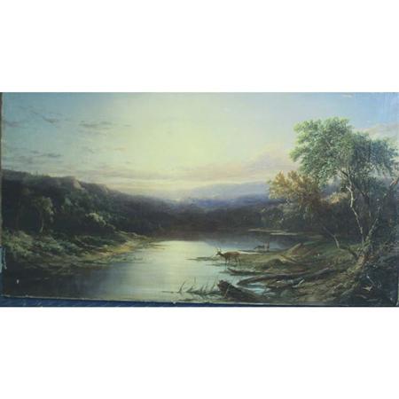 Lot image - J. Wilson 19th Century Deer by a Mountain River, 1866