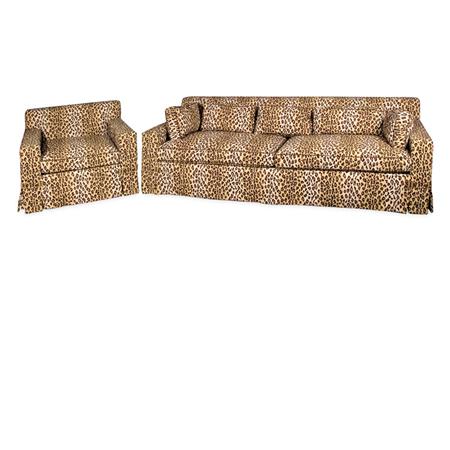 Lot image - Leopard Upholstered Sofa and Club Chair en Suite