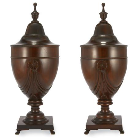Lot image - Pair of George III Style Mahogany Knife Urns