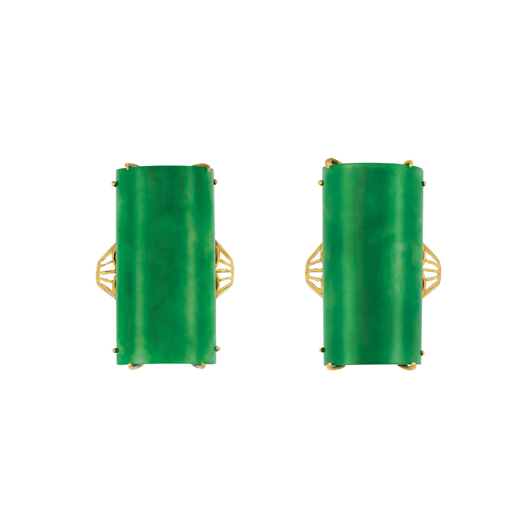 Lot image - Pair of Gold and Jade Rings