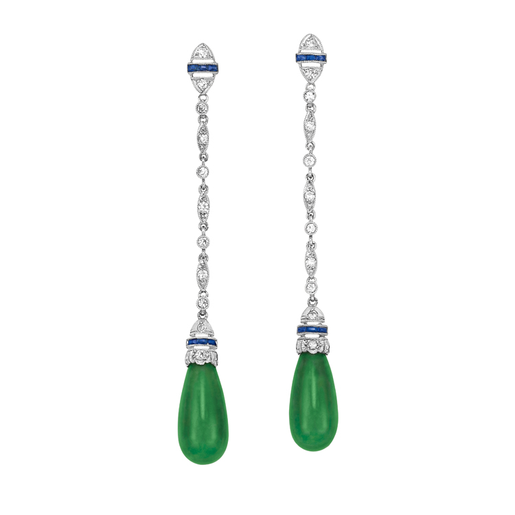 Lot image - Pair of Art Deco Platinum, Diamond, Sapphire and Jade Pendant-Earclips