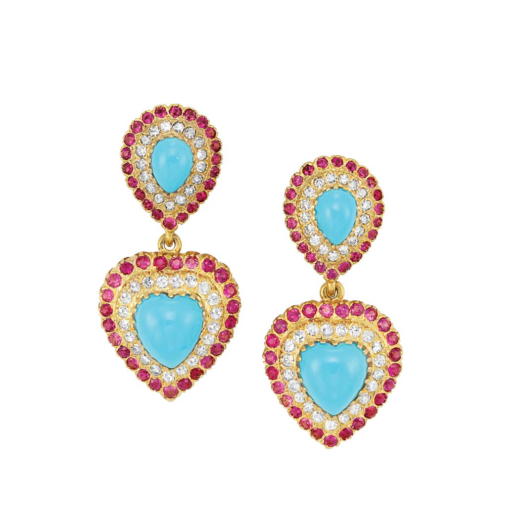 Lot image - Pair of Gold, Turquoise, Diamond and Ruby Pendant-Earclips
