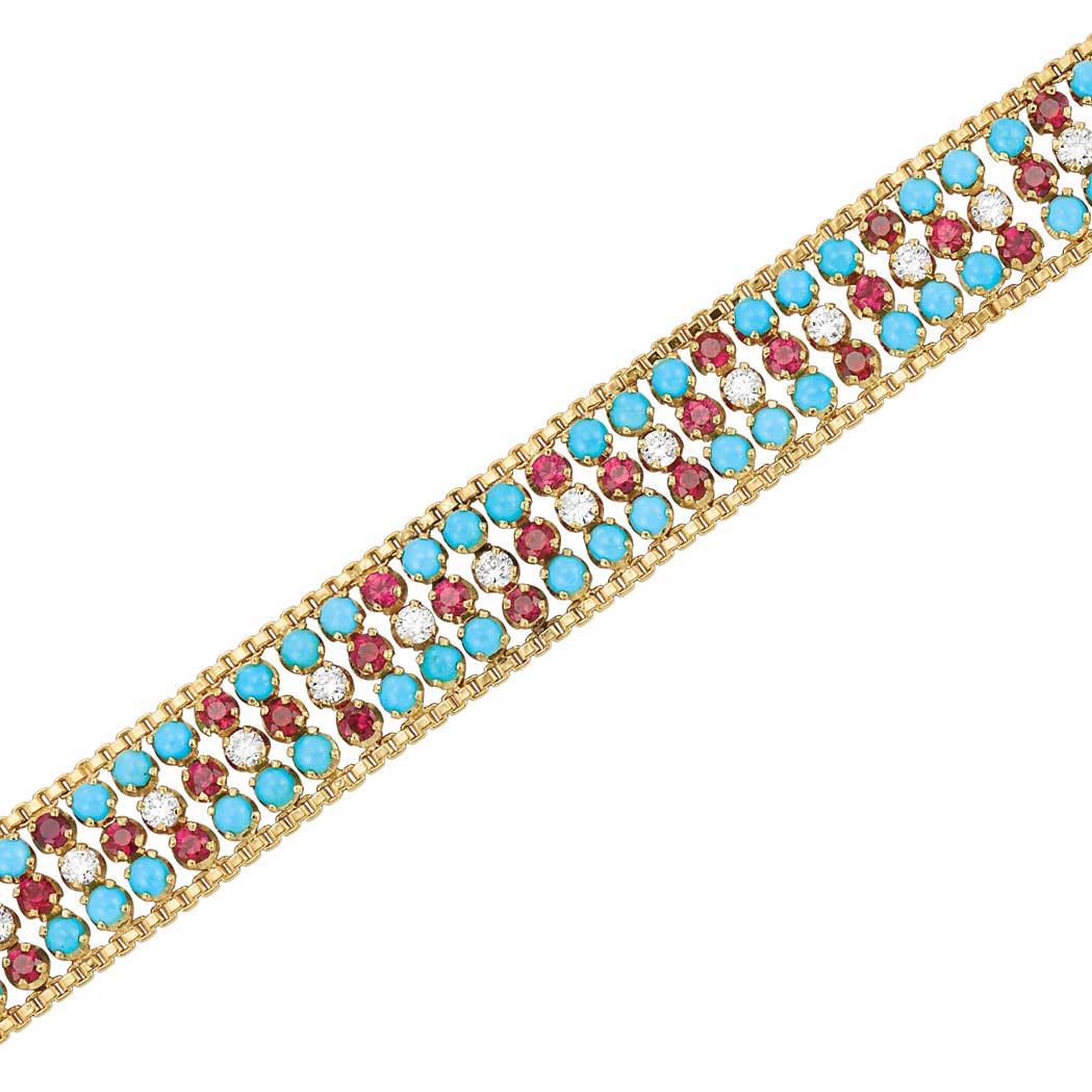 Lot image - Gold, Turquoise, Diamond and Ruby Bracelet