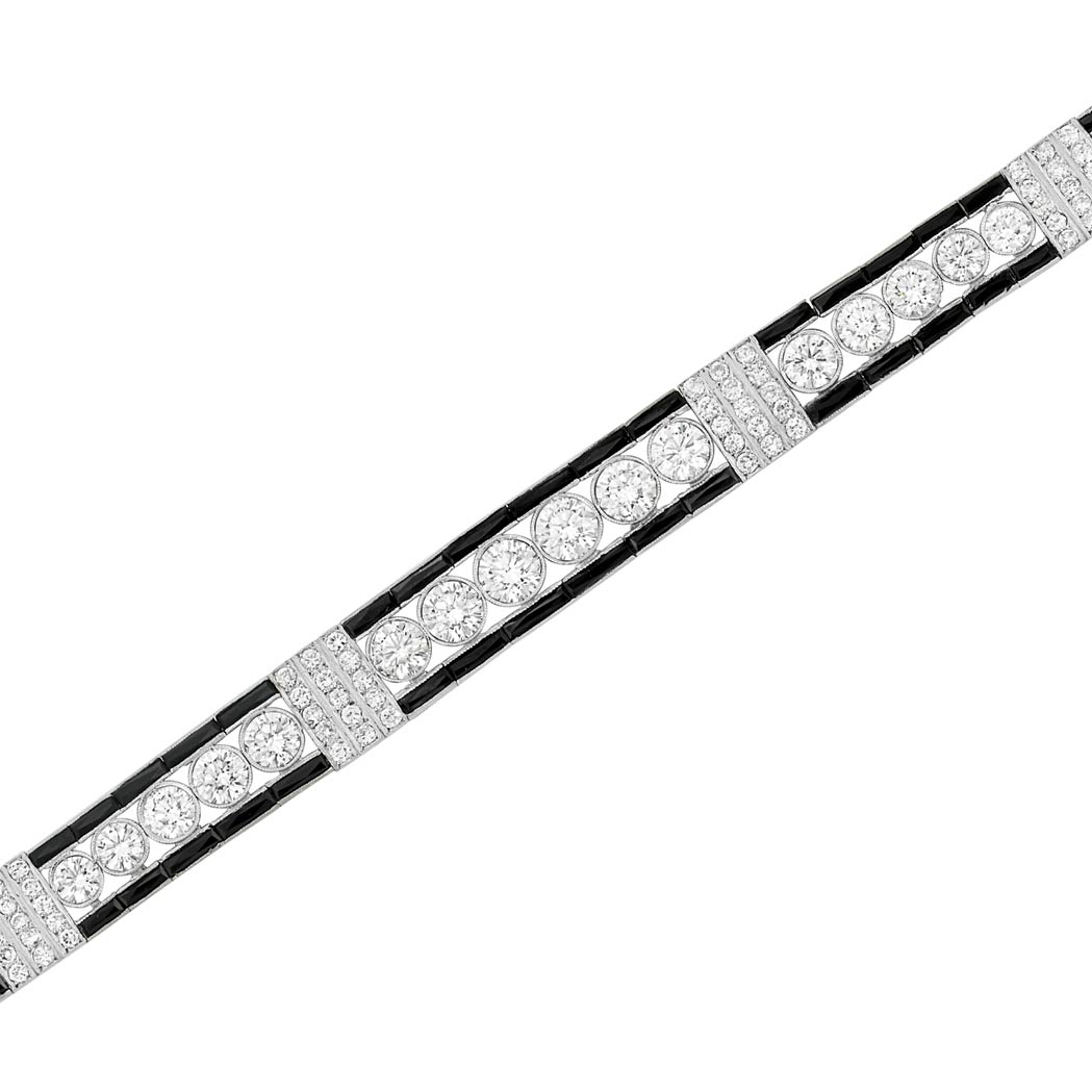 Lot image - Art Deco Platinum, Diamond and Black Onyx Bracelet