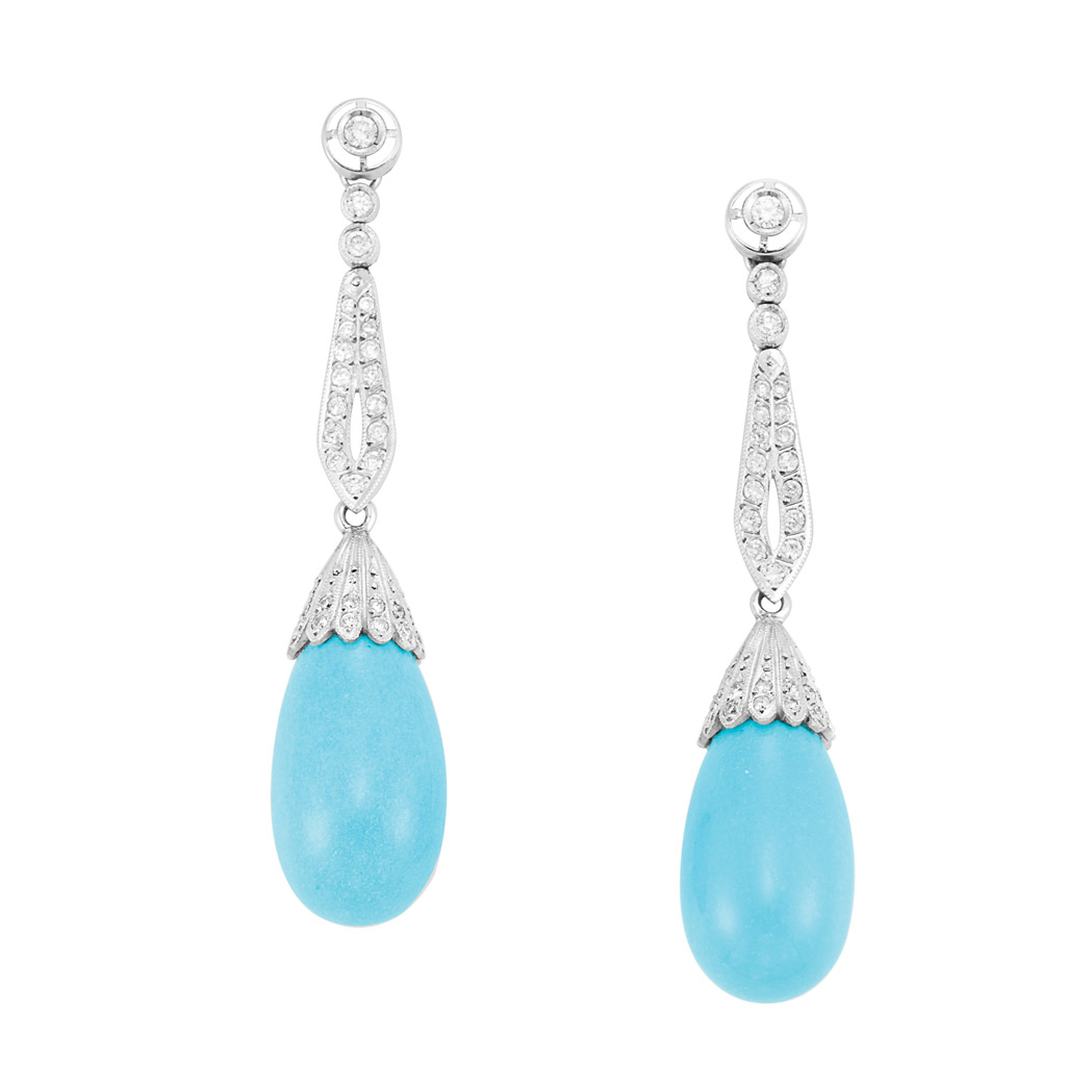 Lot image - Pair of White Gold, Diamond and Turquoise Pendant-Earrings