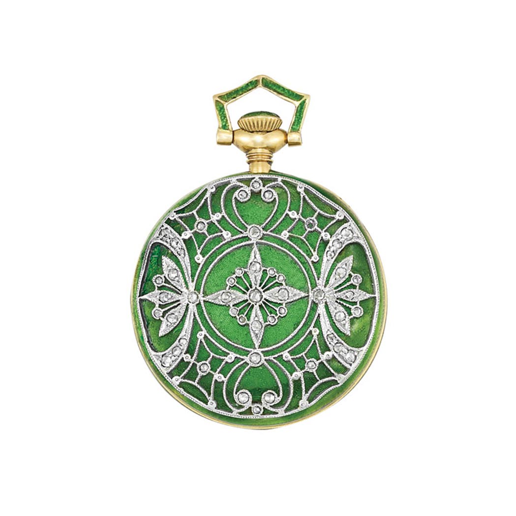 Lot image - Edwardian Gold, Platinum, Green Guilloche Enamel and Diamond Pendant-Watch, Tiffany & Co.