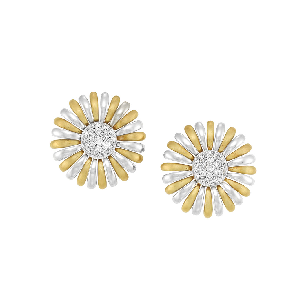 Lot image - Pair of Gold and Diamond Flower Earclips, Asprey
