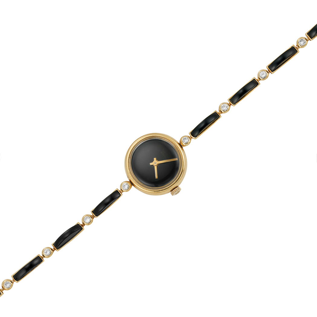 Lot image - Gold, Black Onyx and Diamond Wristwatch, Van Cleef & Arpels