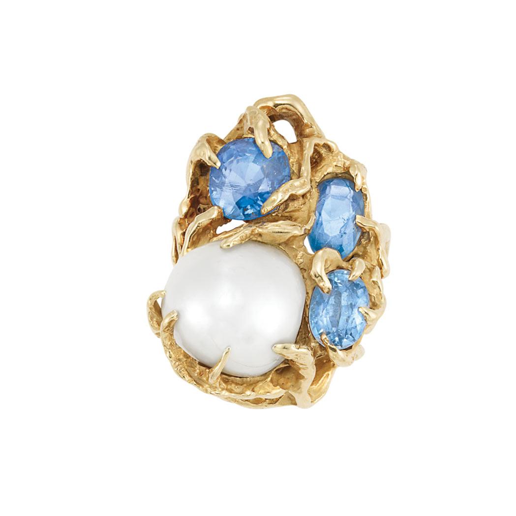 Lot image - Gold, Baroque Cultured Pearl and Sapphire Ring, Arthur King