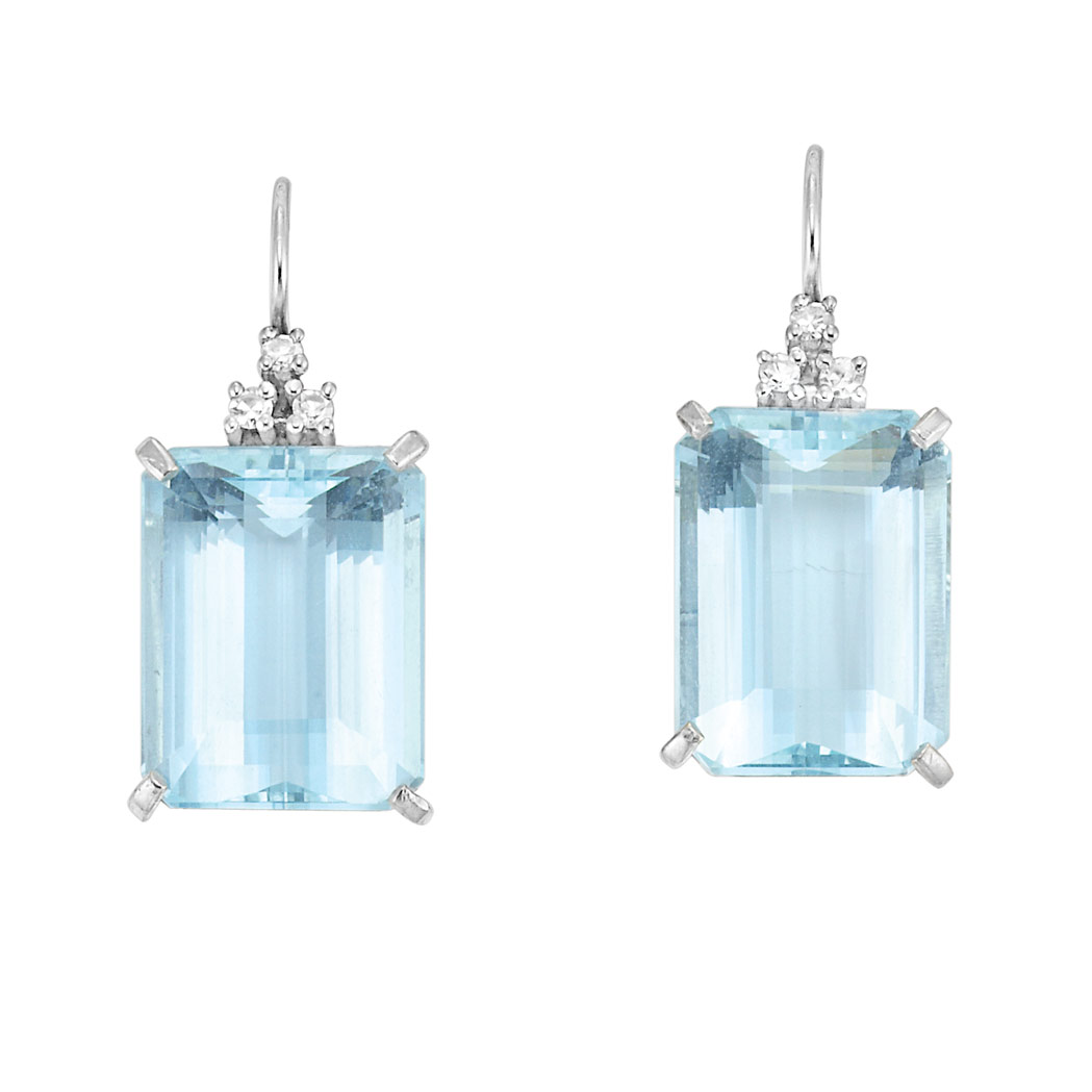 Lot image - Pair of White Gold, Aquamarine and Diamond Earrings