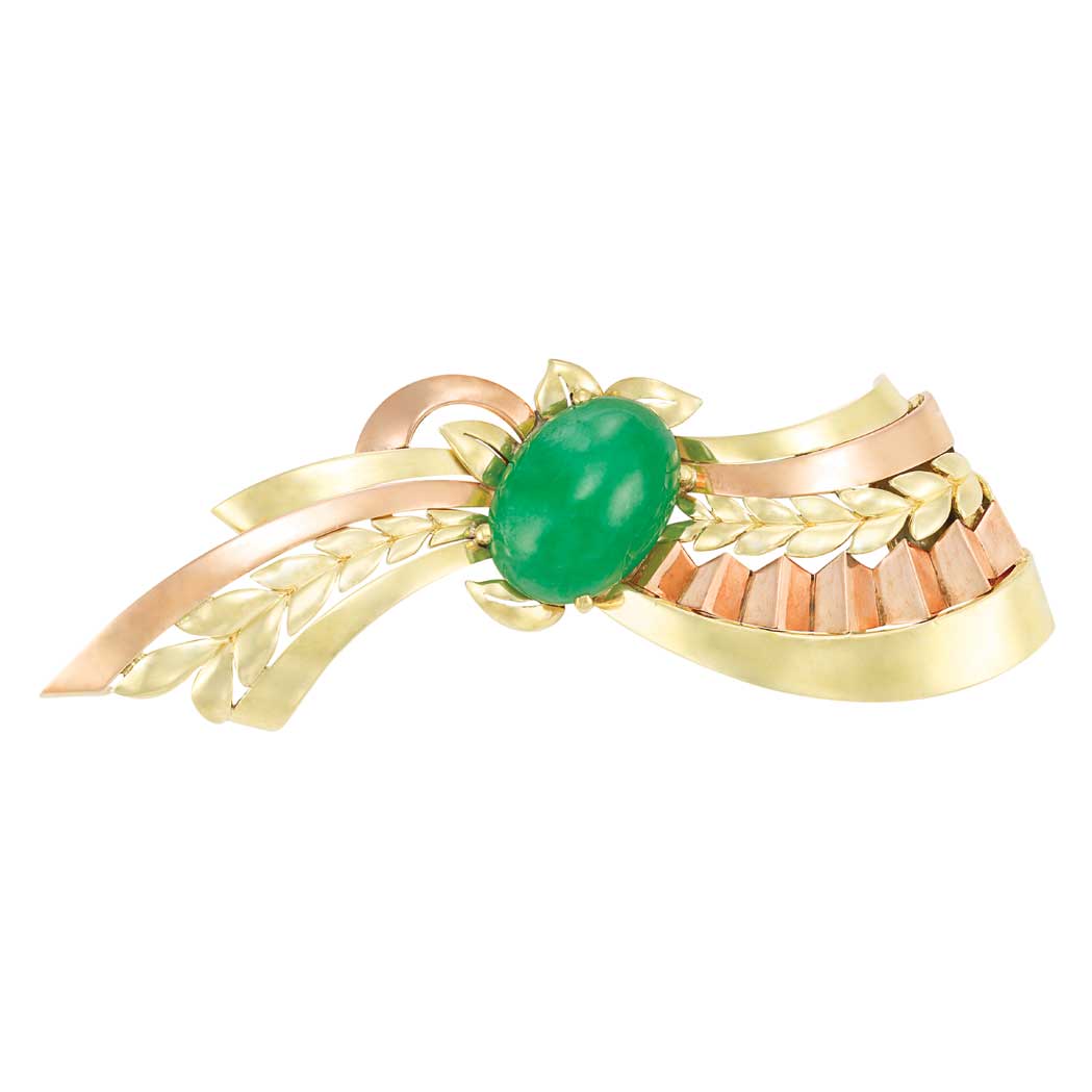 Lot image - Two-Color Gold and Jade Clip-Brooch