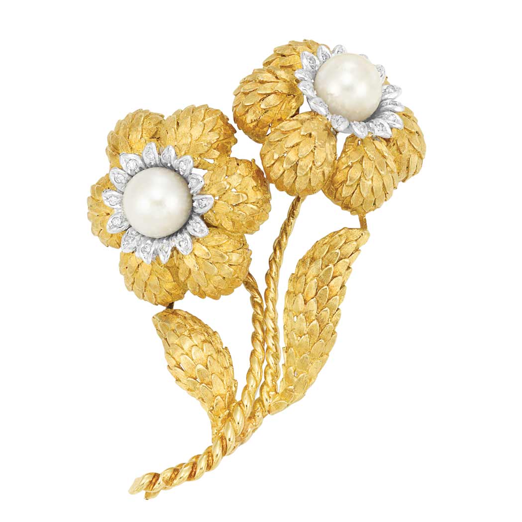 Lot image - Gold, Cultured Pearl and Diamond Flower Brooch