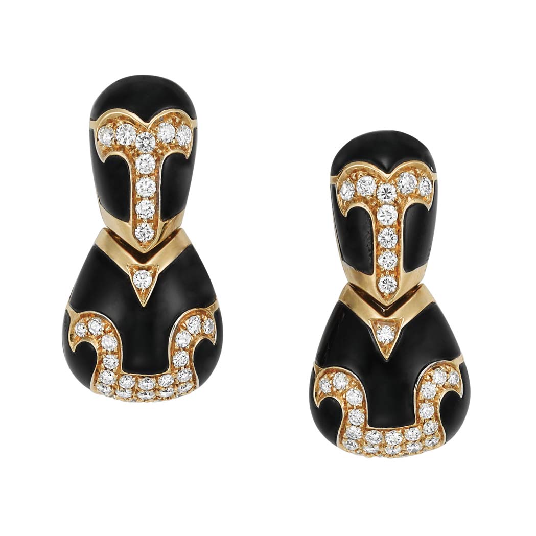 Lot image - Pair of Gold, Black Onyx and Diamond Pendant-Earclips